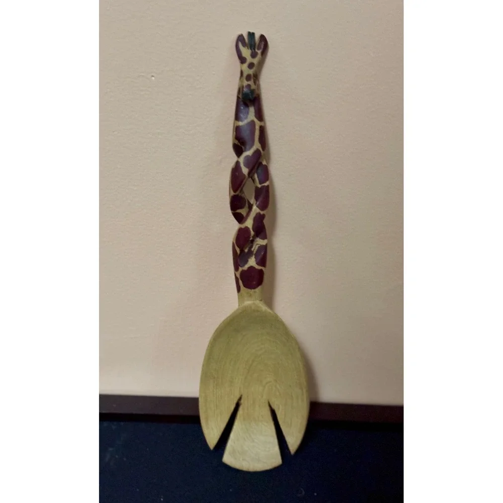 Hand Carved Wooden Giraffe Salad Server Set African Theme Spoon Fork 12 Inch
